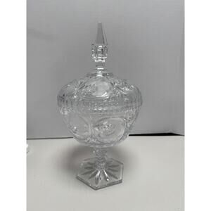 Lead Crystal Etched Flowers Brilliant Hand Cut Pedestal Candy Dish & Lid Vintage